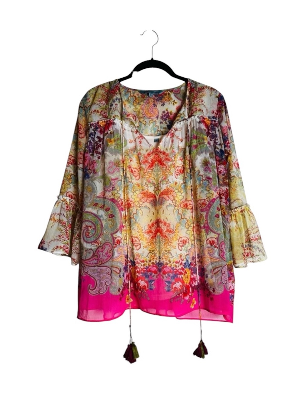 Ritu Kumar Paisley Floral Blouse Tasseled Flare Sleeves Boho Summer